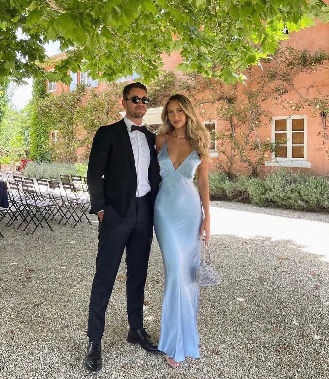 Luolandi Light Blue Deep V Neck Long Party Dress Wedding Guest Dress Sexy Formal Dress